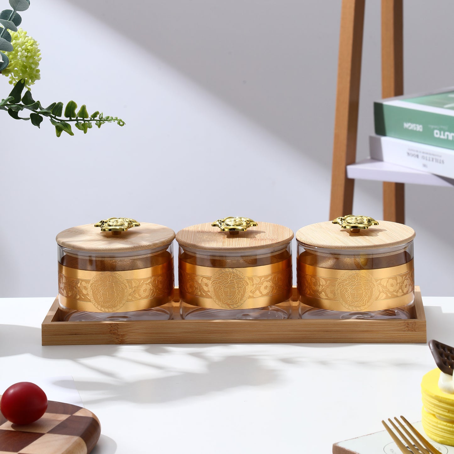 Borosilicate Airtight Jar 500 ml - Set of 3 Pcs with Gold Decal + Wooden Tray and Premium Knob