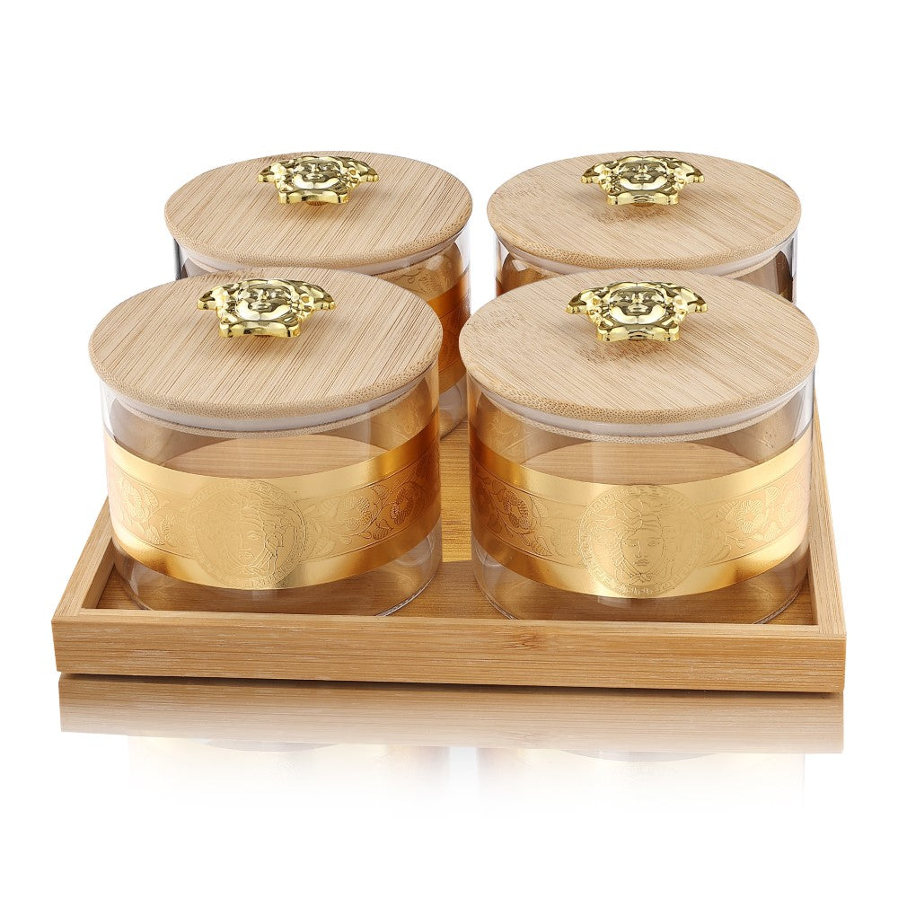 Borosilicate Airtight Jar 500 ml - Set of 4 Pcs with Gold Decal + Wooden Tray and Premium Knob