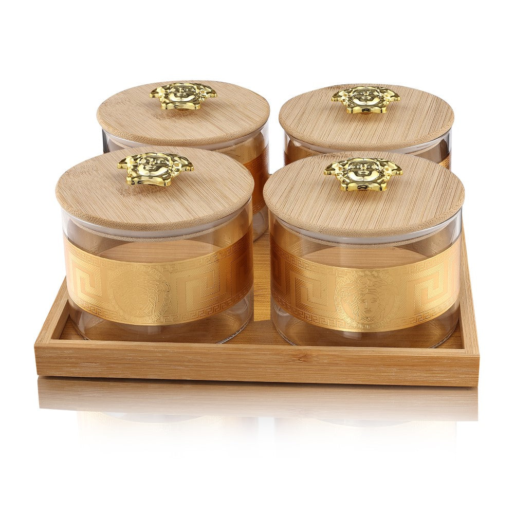 Borosilicate Airtight Jar 500 ML - Set of 4 Pcs with Gold Decal + Wooden Tray and Premium