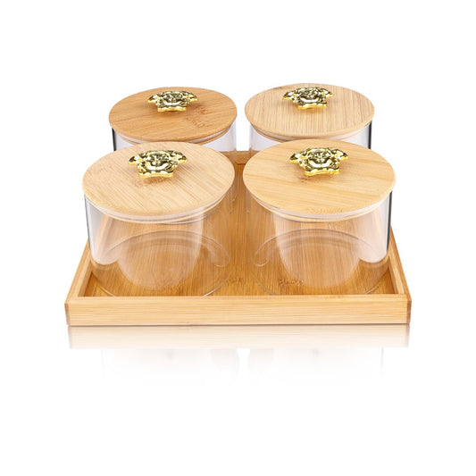 Borosilicate Airtight Plain Jar 500 ml - Set of 4 Pcs with Wooden Tray and Premium Knob