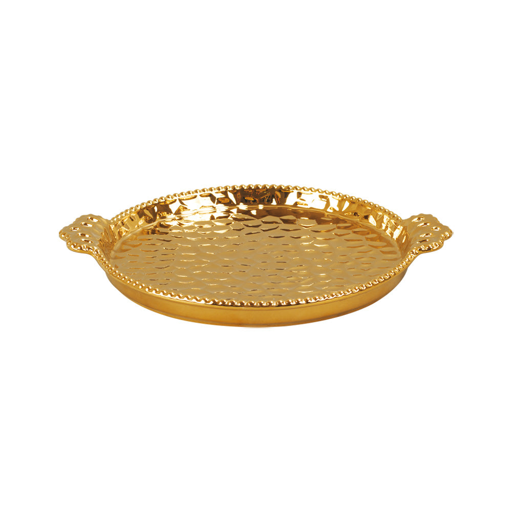 Seoul Round Tray with Handle 31x25.5x3.5 CM - Set of 1 Pc (Golden with Texture)