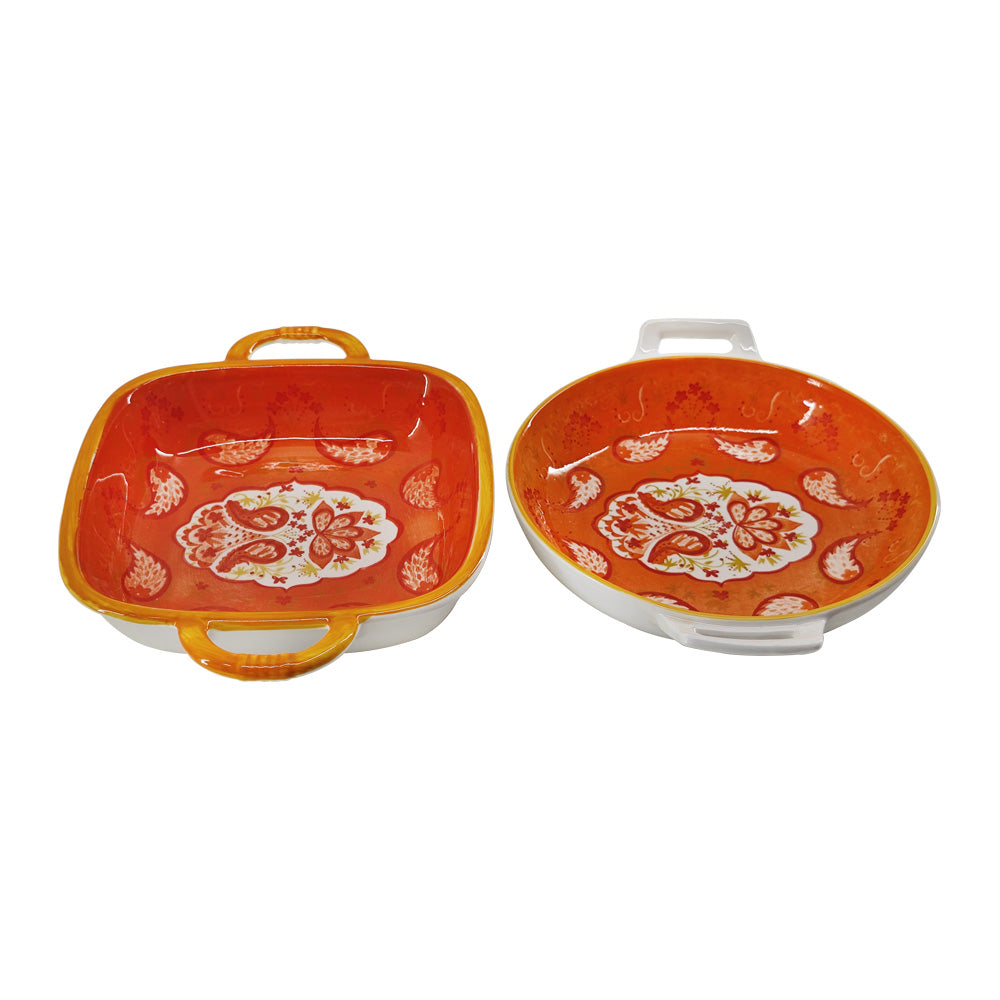 Hilton Platter with Handle 23 CM - Set of 2 Pcs - Orange with Design Pattern