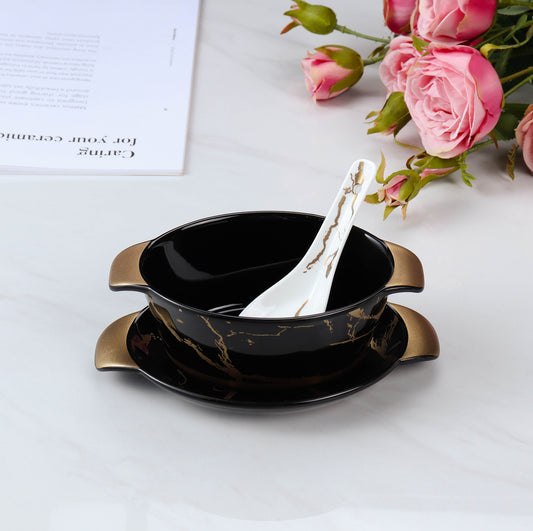 Soup Set 6x330 Ml + 6 Trays + 6 Spoons Set Of 18 Pcs - Black + Matt Gold