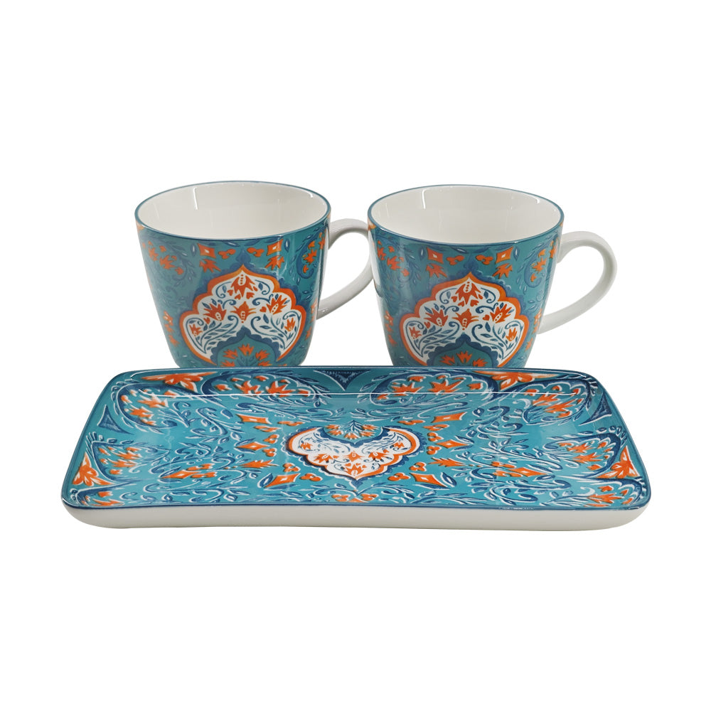 Ebony Mug Set with Platter 23 cm - Set of 3 Pcs (Blue Color with Design)