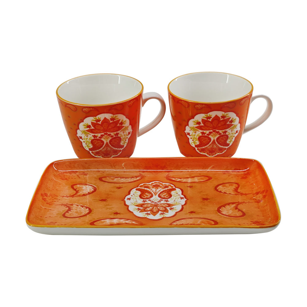 Hilton Mug with Platter 23 cm - Set of 3 Pcs (Orange with Design Pattern)