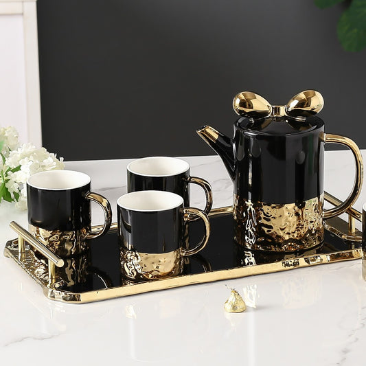 Tea Set - 900 Ml + 250 Ml Set Of 6 Pcs - Black With Tray